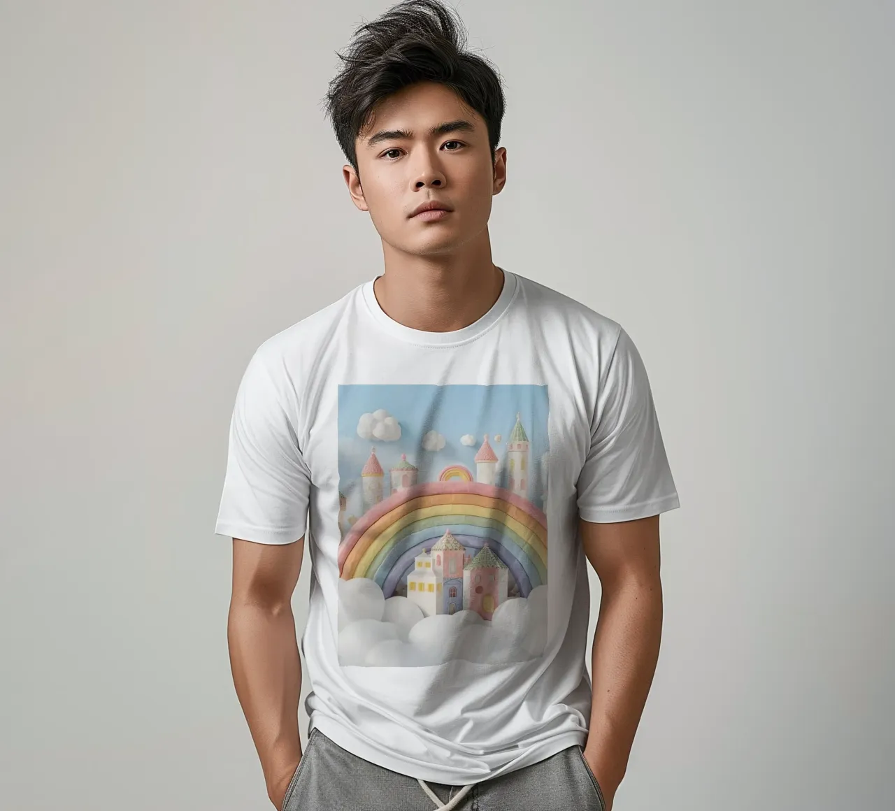 Scena di castello fantasy con arcobaleno e nuvole t-shirt da DesignDoodle