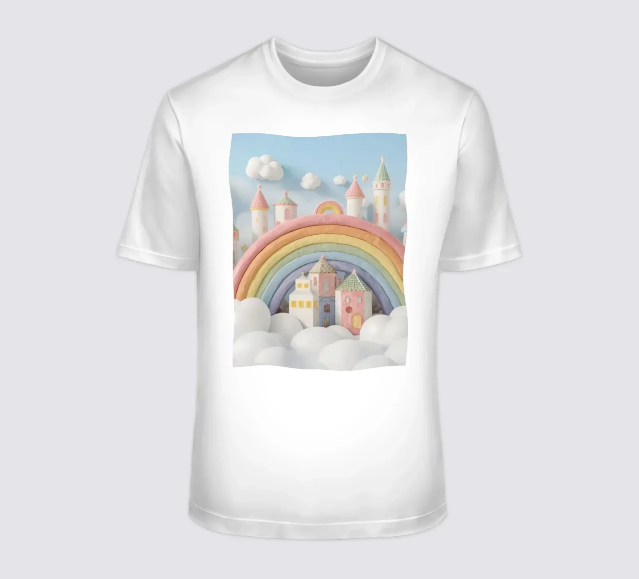 Scena di castello fantasy con arcobaleno e nuvole t-shirt da DesignDoodle