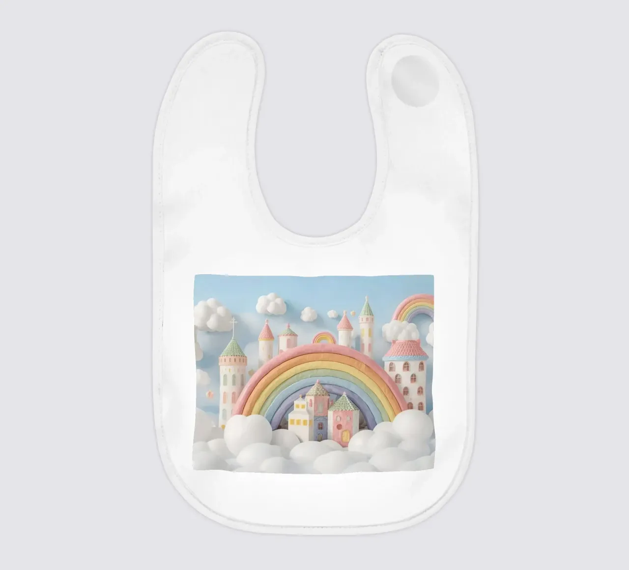 Scena di castello fantasy con arcobaleno e nuvole bavaglino da DesignDoodle