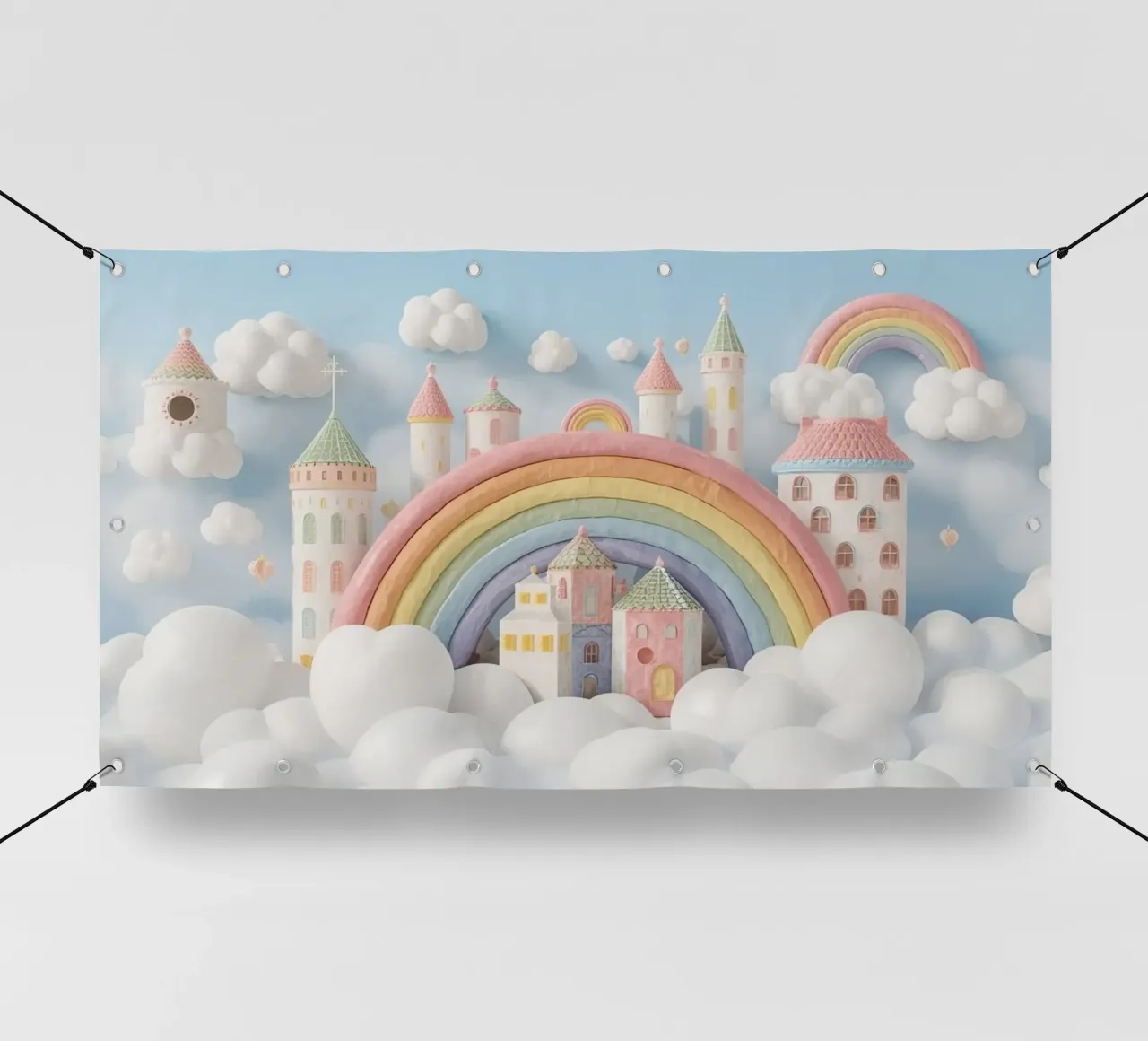 Scena di castello fantasy con arcobaleno e nuvole telo in pvc da DesignDoodle