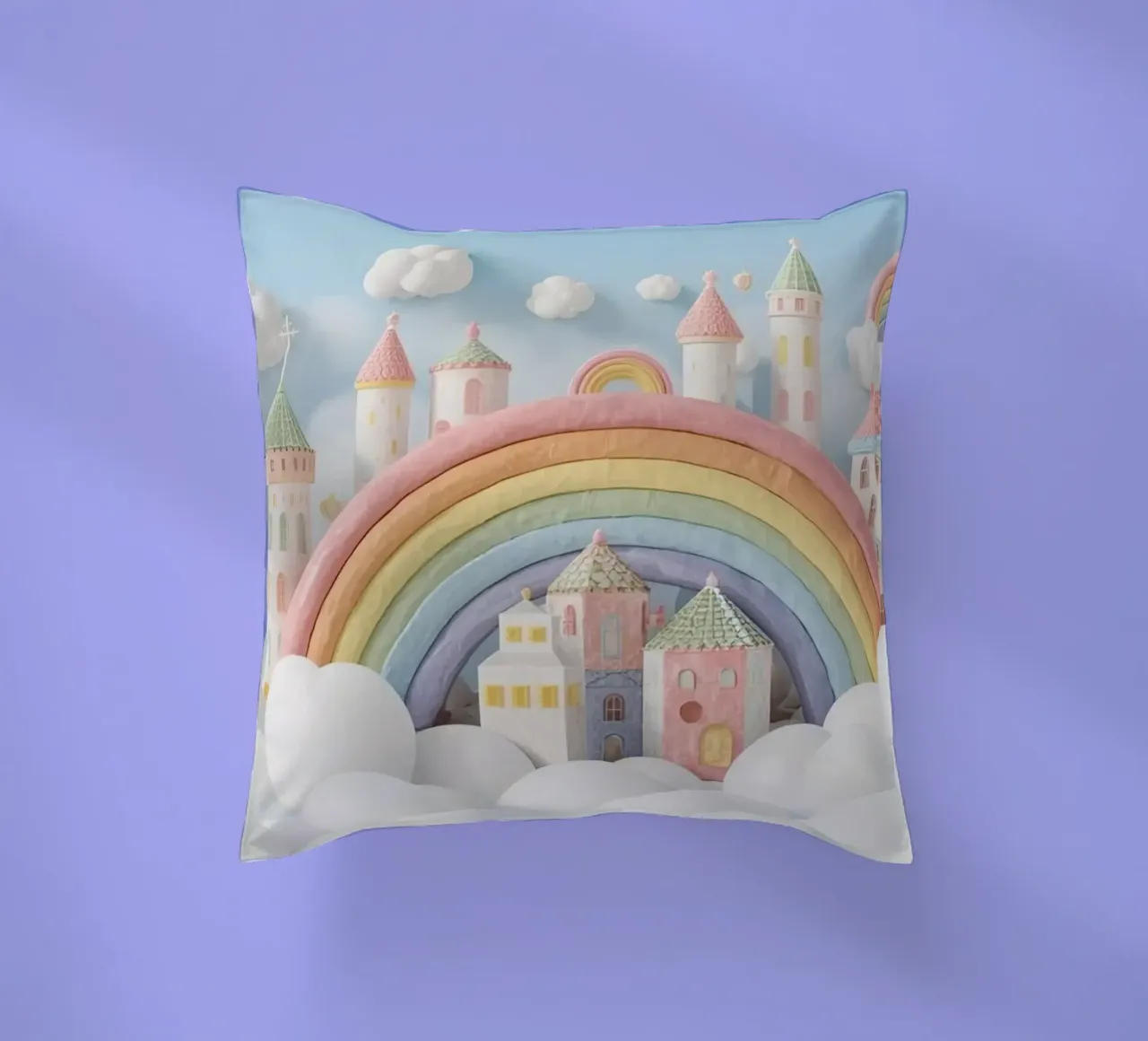 Scena di castello fantasy con arcobaleno e nuvole cuscino da DesignDoodle
