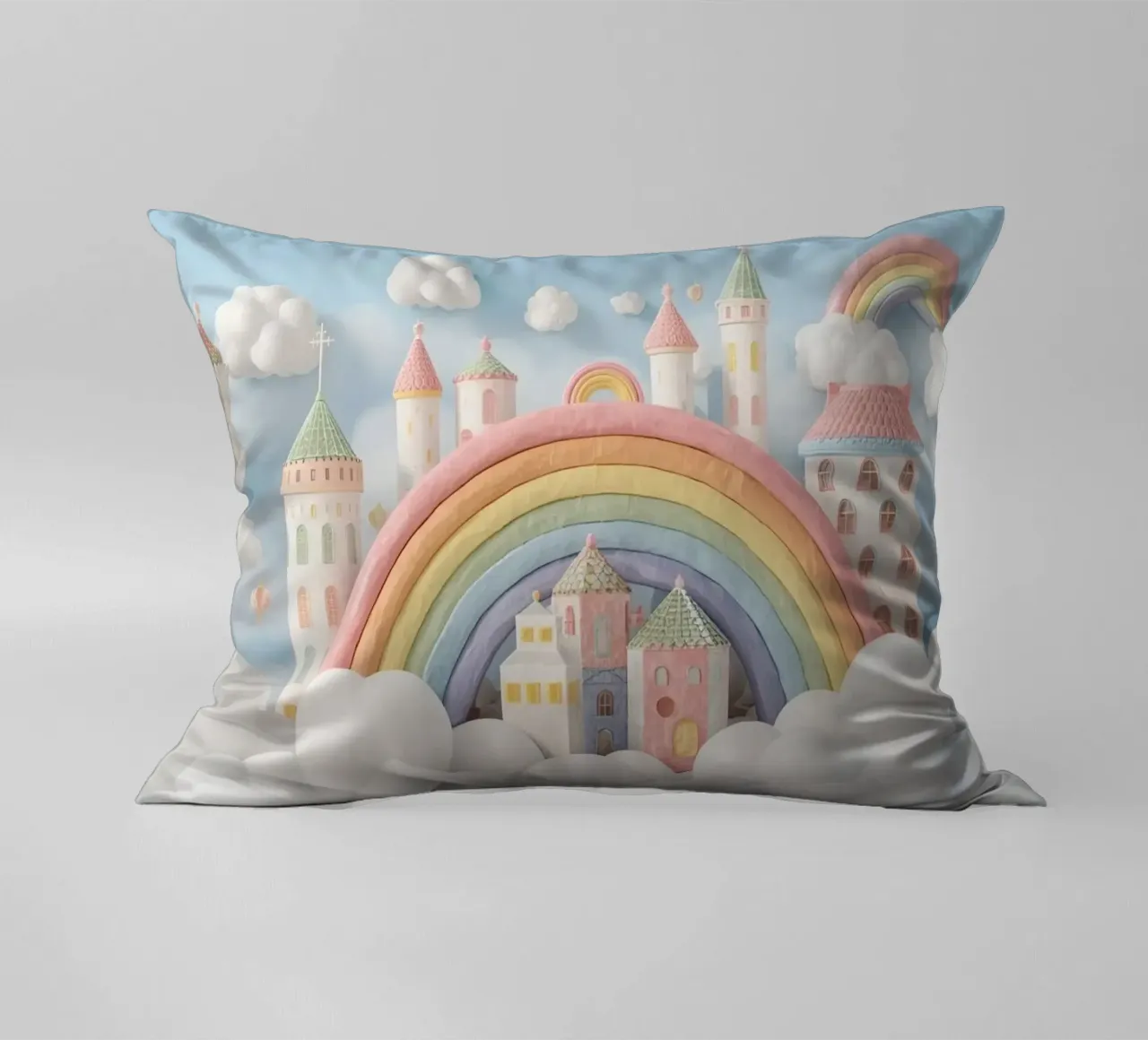 Scena di castello fantasy con arcobaleno e nuvole cuscino da DesignDoodle