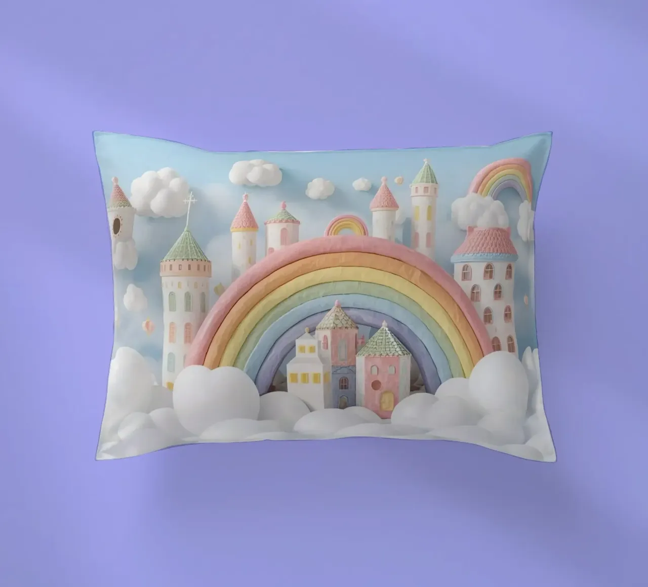 Scena di castello fantasy con arcobaleno e nuvole cuscino da DesignDoodle
