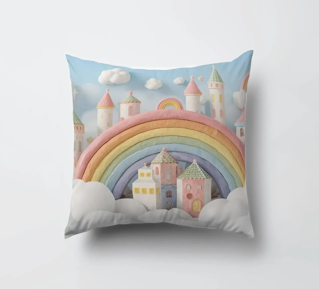 Scena di castello fantasy con arcobaleno e nuvole cuscino da DesignDoodle