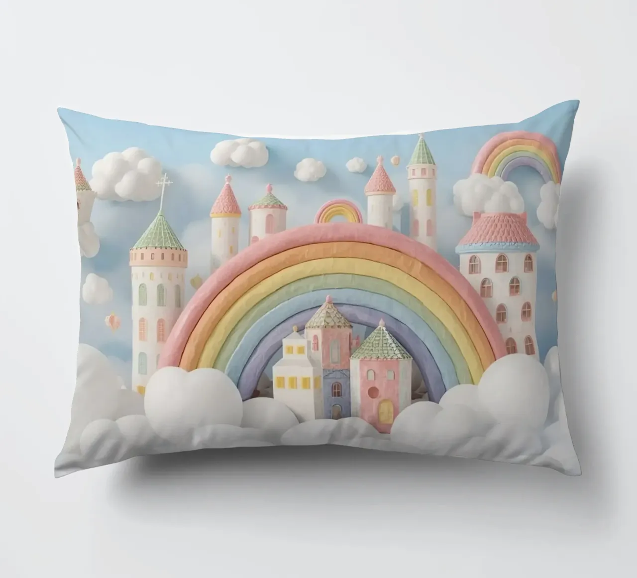 Scena di castello fantasy con arcobaleno e nuvole cuscino da DesignDoodle