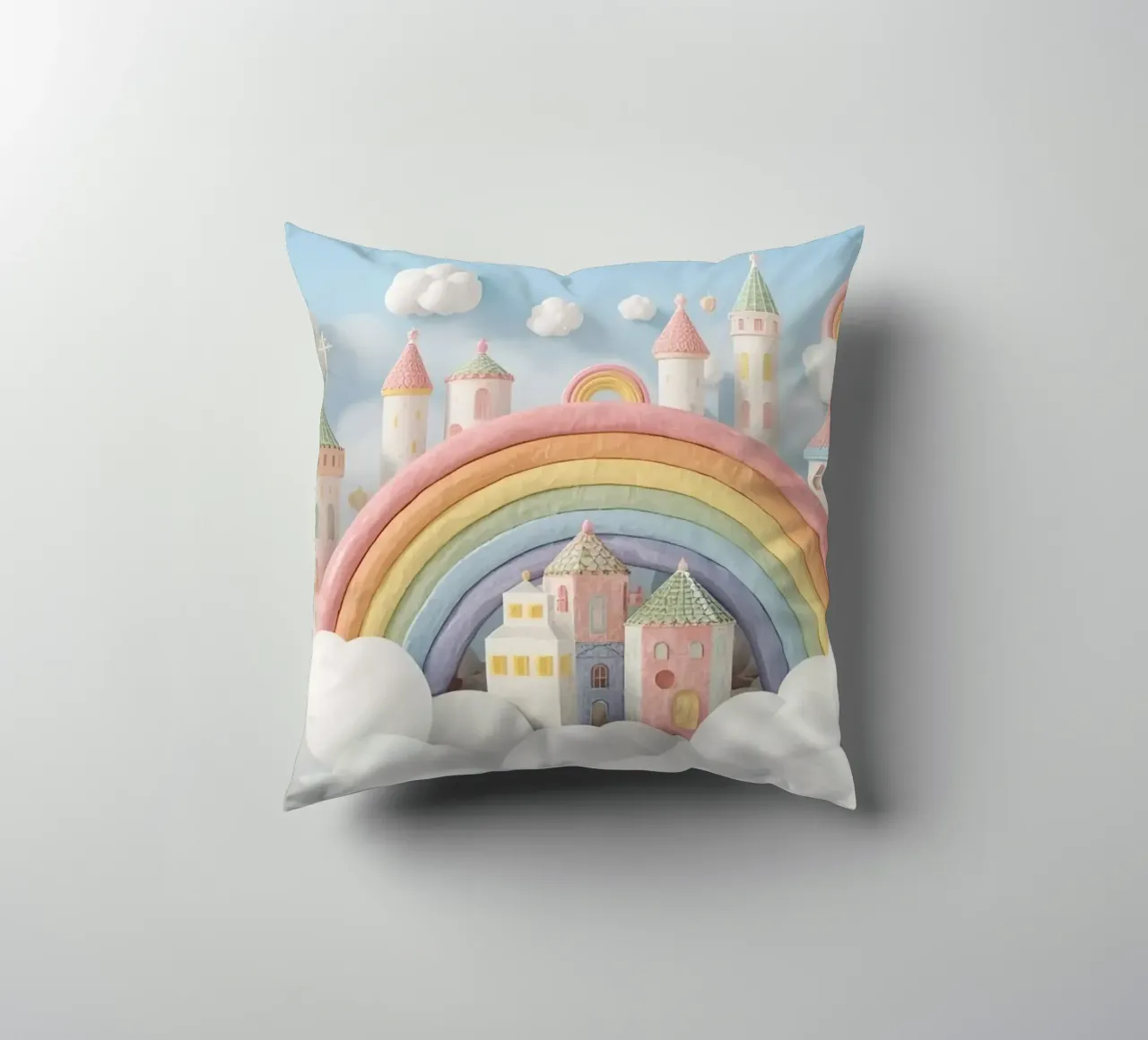 Scena di castello fantasy con arcobaleno e nuvole cuscino da DesignDoodle