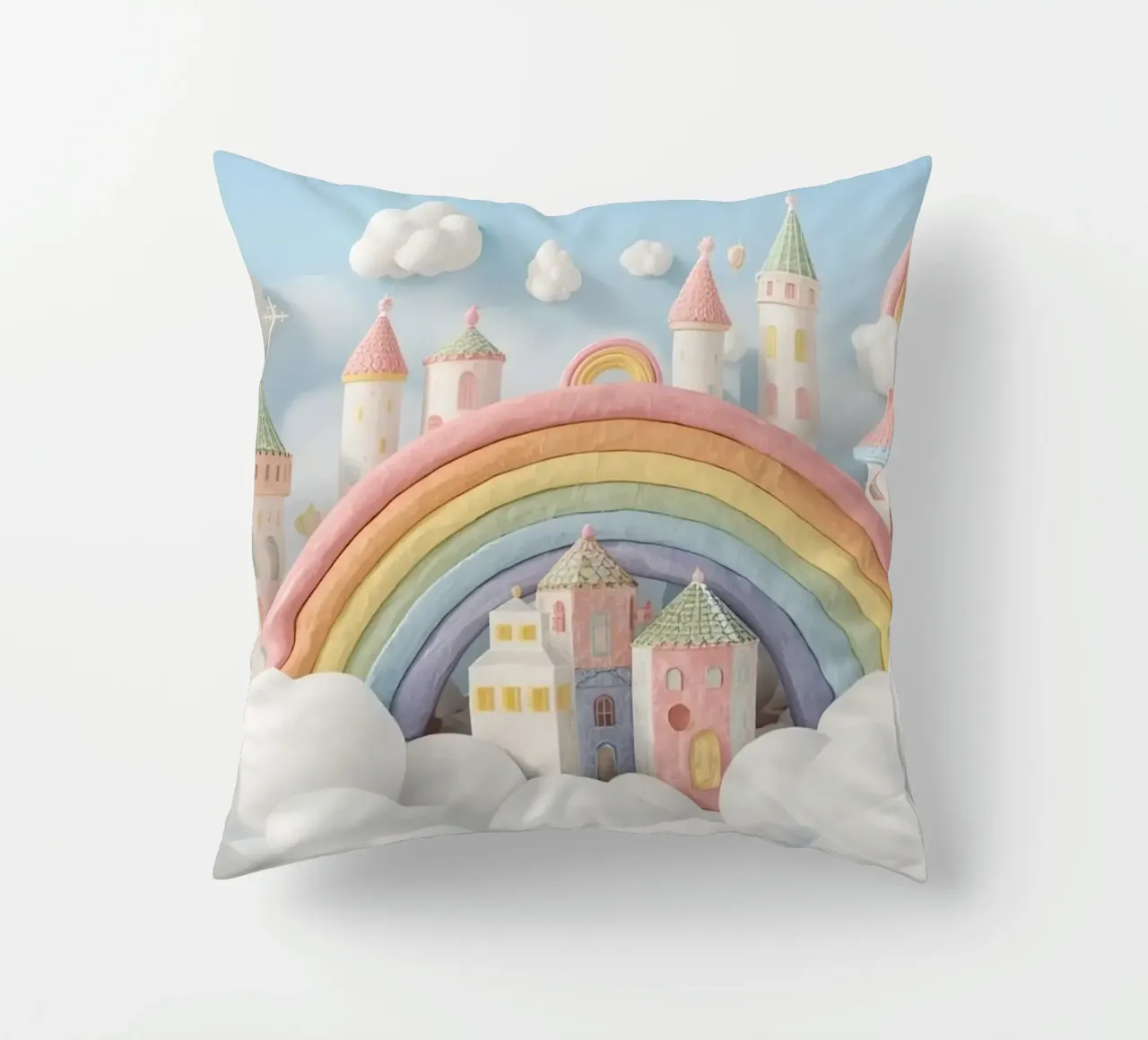 Scena di castello fantasy con arcobaleno e nuvole cuscino da DesignDoodle