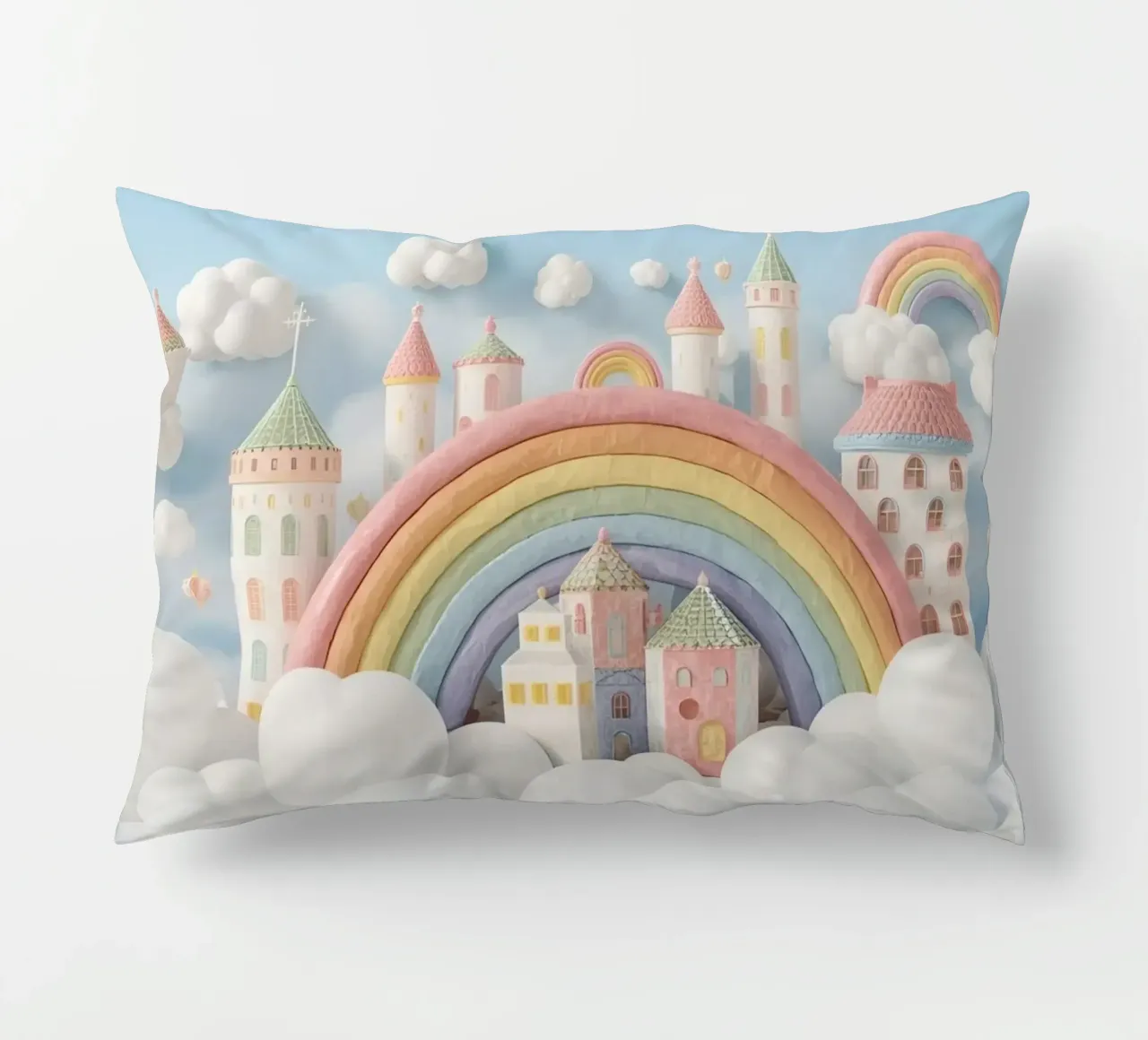 Scena di castello fantasy con arcobaleno e nuvole cuscino da DesignDoodle