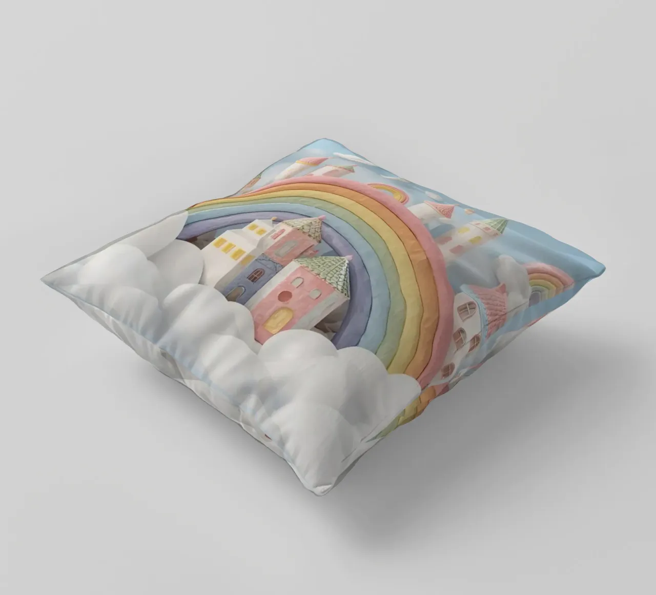 Scena di castello fantasy con arcobaleno e nuvole cuscino da DesignDoodle