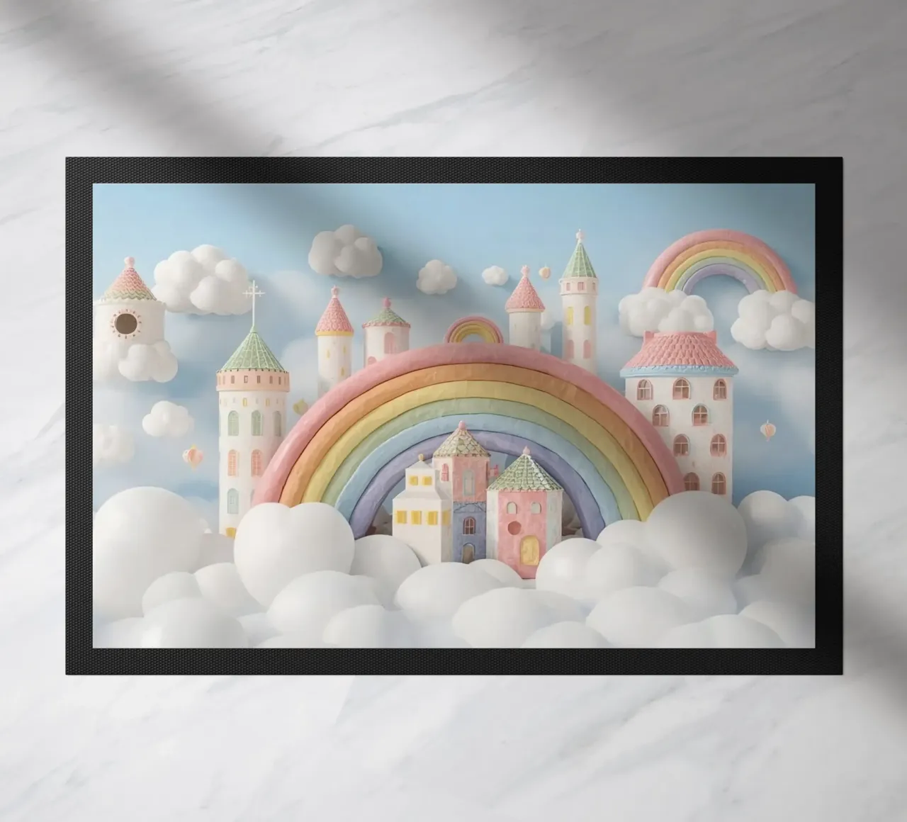 Scena di castello fantasy con arcobaleno e nuvole zerbino da DesignDoodle