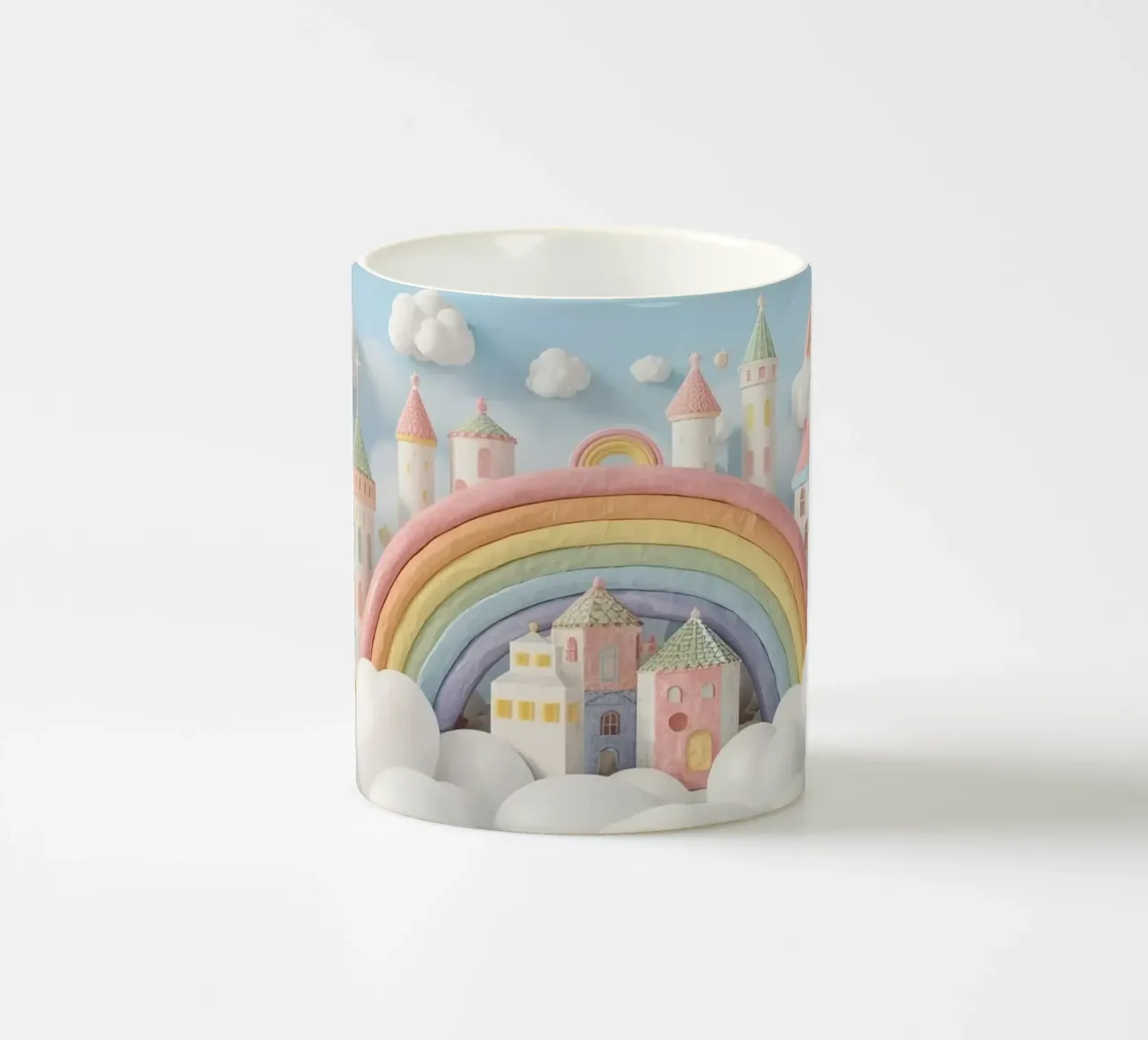 Scena di castello fantasy con arcobaleno e nuvole tazza in ceramica da DesignDoodle