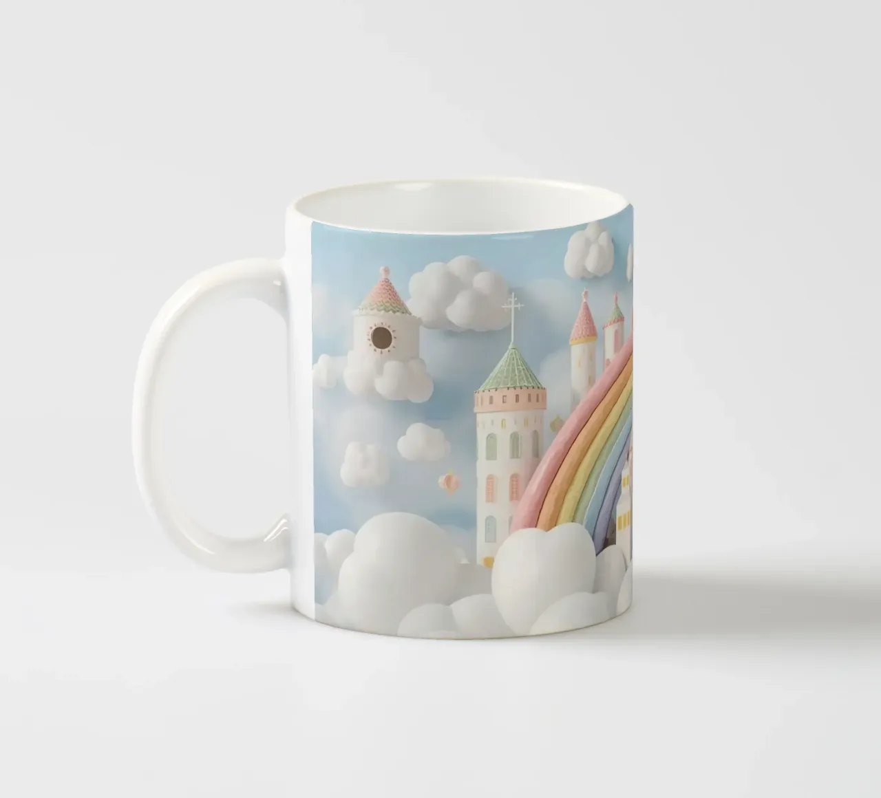 Scena di castello fantasy con arcobaleno e nuvole tazza in ceramica da DesignDoodle