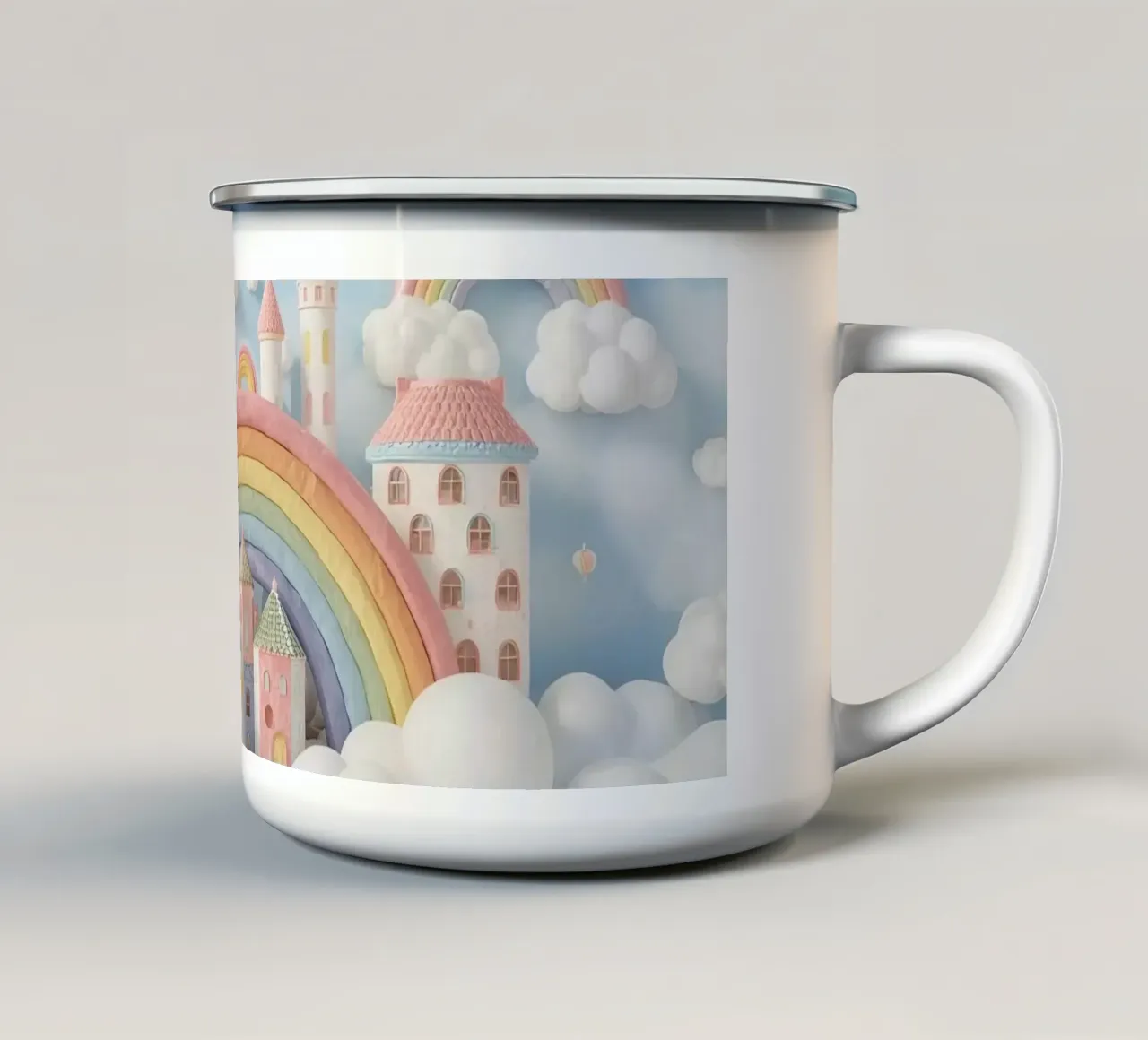Scena di castello fantasy con arcobaleno e nuvole tazza in smalto da DesignDoodle