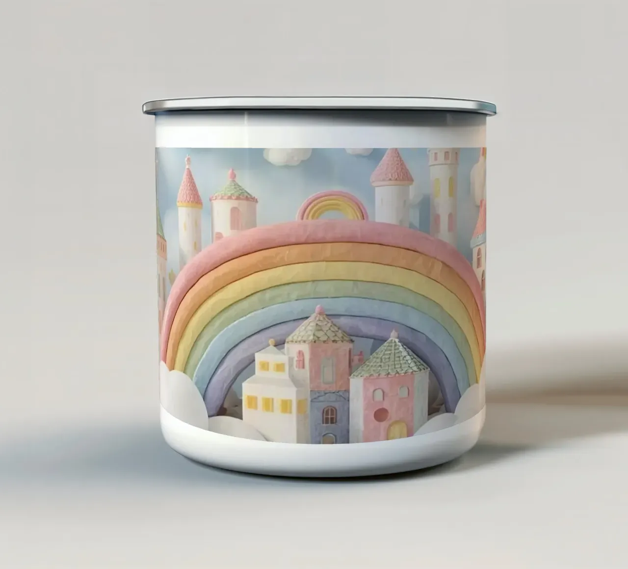 Scena di castello fantasy con arcobaleno e nuvole tazza in smalto da DesignDoodle