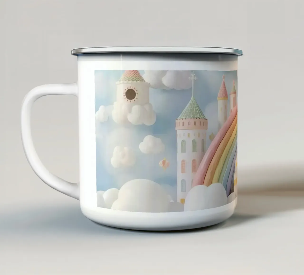 Scena di castello fantasy con arcobaleno e nuvole tazza in smalto da DesignDoodle