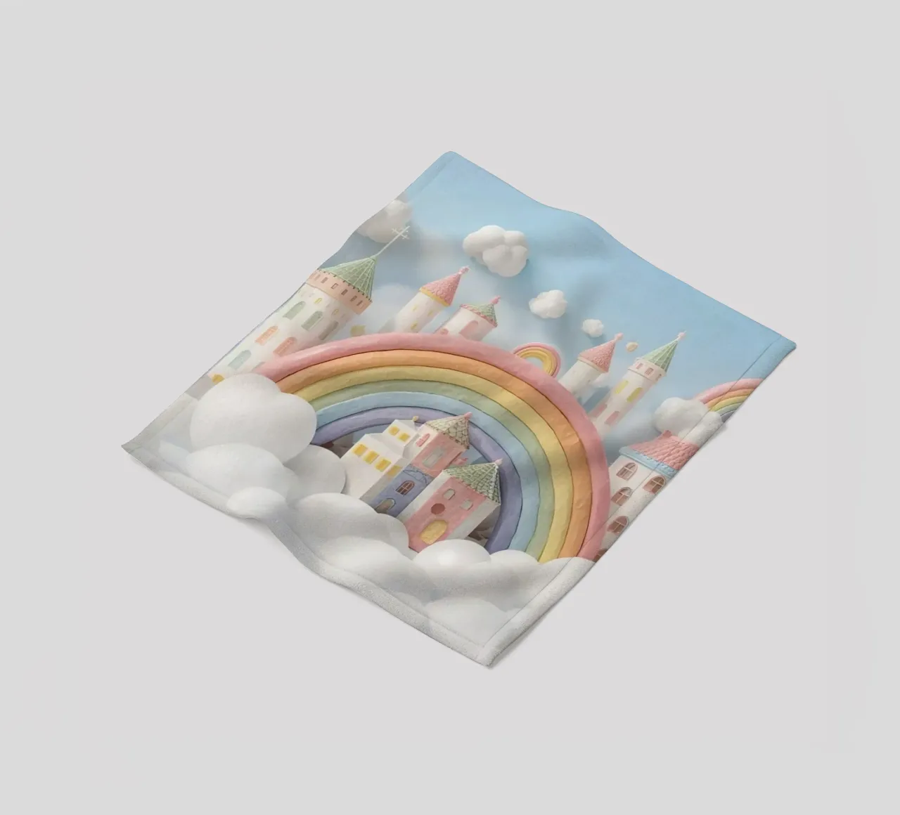 Scena di castello fantasy con arcobaleno e nuvole coperta in pile da DesignDoodle