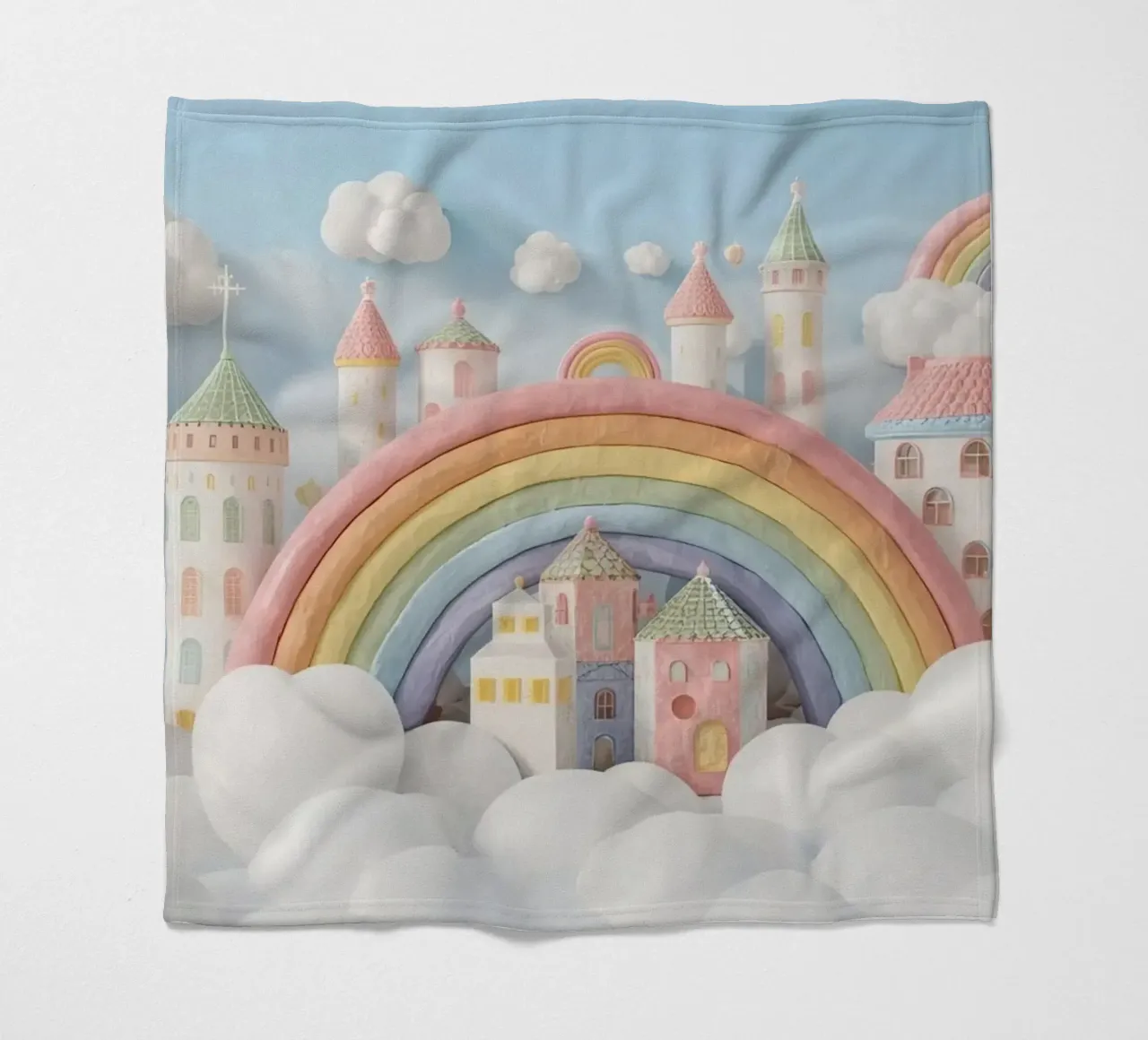 Scena di castello fantasy con arcobaleno e nuvole coperta in pile da DesignDoodle
