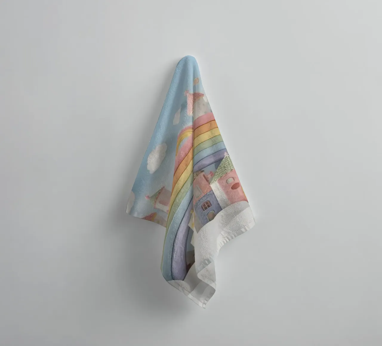 Fantasy Castle Scene with Rainbow and Clouds towel by DesignDoodle