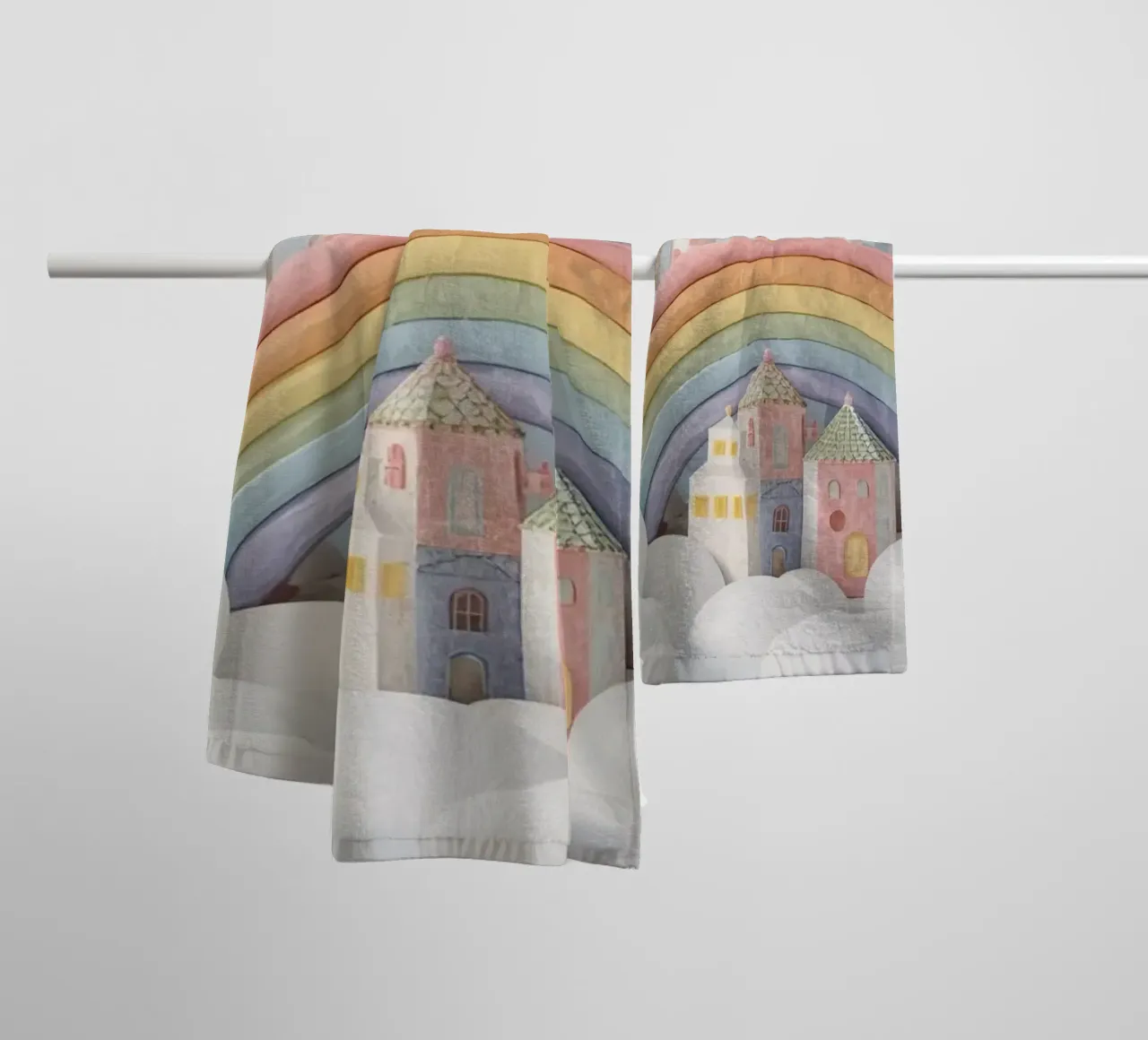 Fantasy Castle Scene with Rainbow and Clouds towel by DesignDoodle