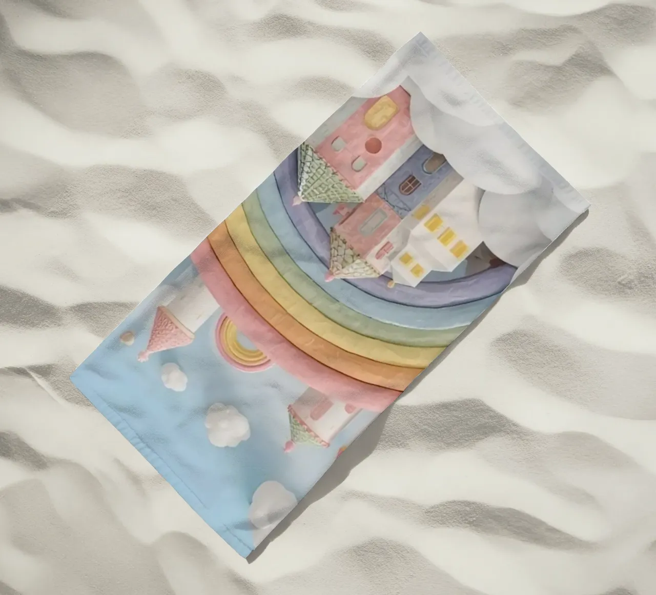 Scena di castello fantasy con arcobaleno e nuvole telo mare da DesignDoodle