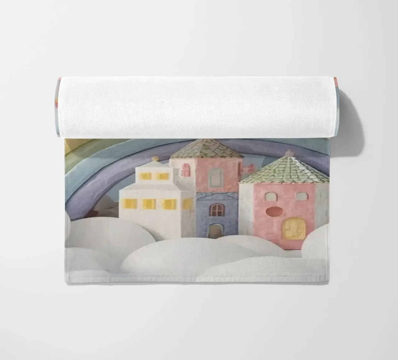 Scena di castello fantasy con arcobaleno e nuvole telo mare da DesignDoodle