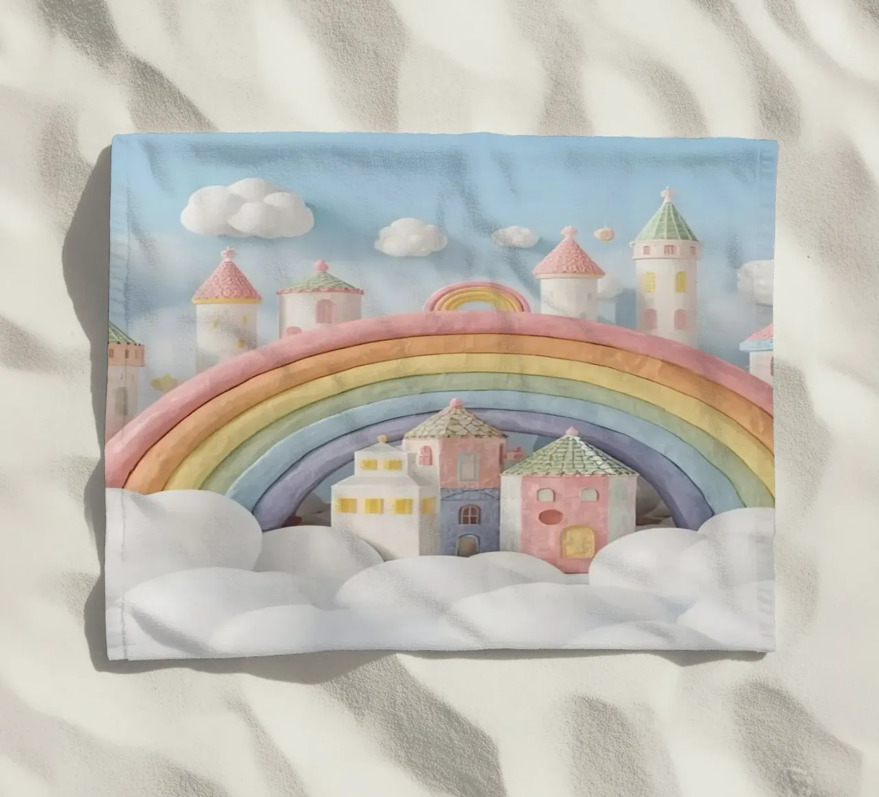 Scena di castello fantasy con arcobaleno e nuvole telo mare da DesignDoodle