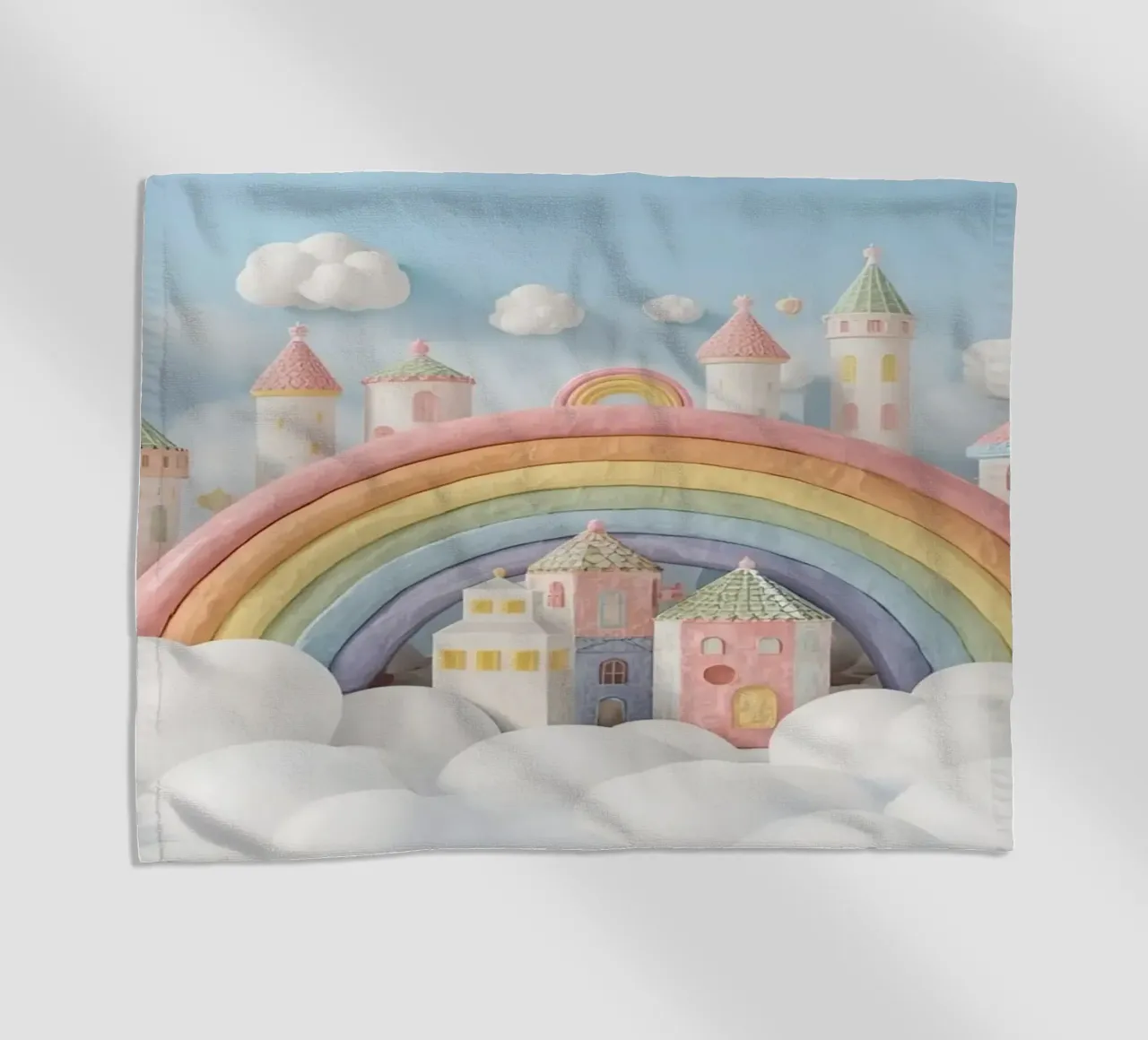 Scena di castello fantasy con arcobaleno e nuvole telo mare da DesignDoodle