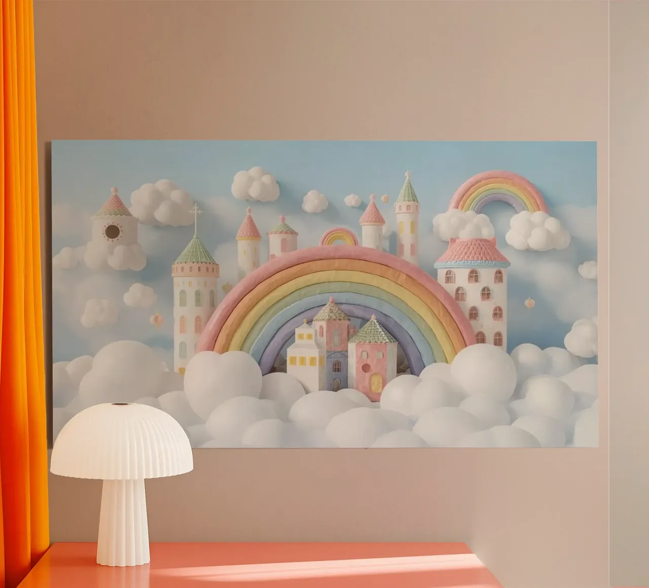 Scena di castello fantasy con arcobaleno e nuvole alluminio dibond da DesignDoodle