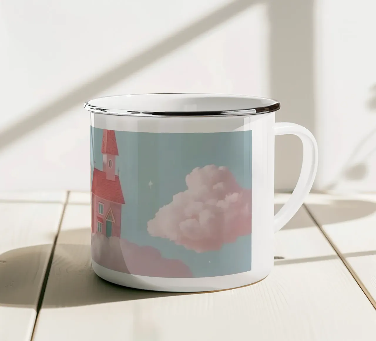 Un simpatico villaggio galleggiante sulle nuvole tazza in smalto da DesignDoodle