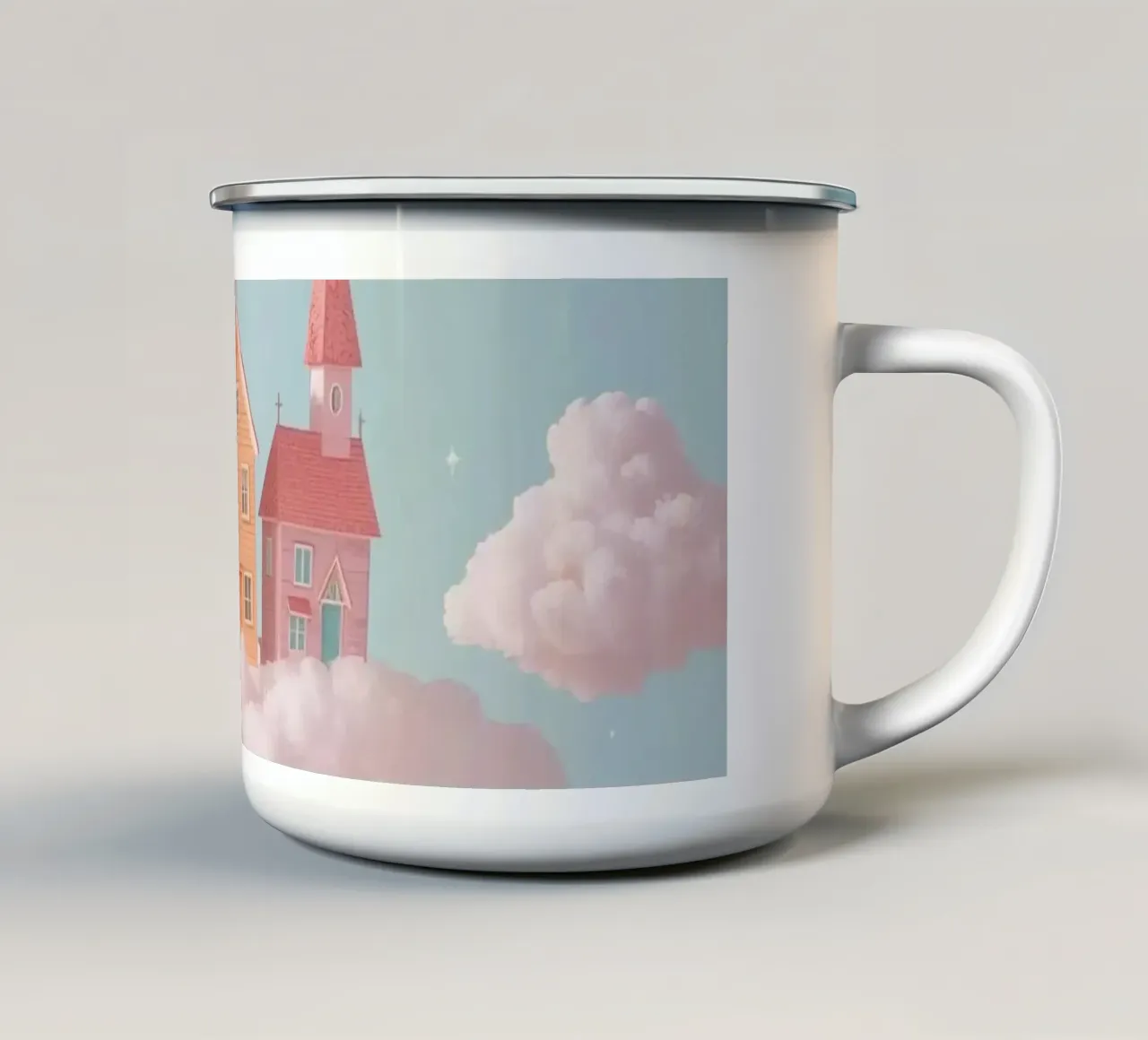 Un simpatico villaggio galleggiante sulle nuvole tazza in smalto da DesignDoodle