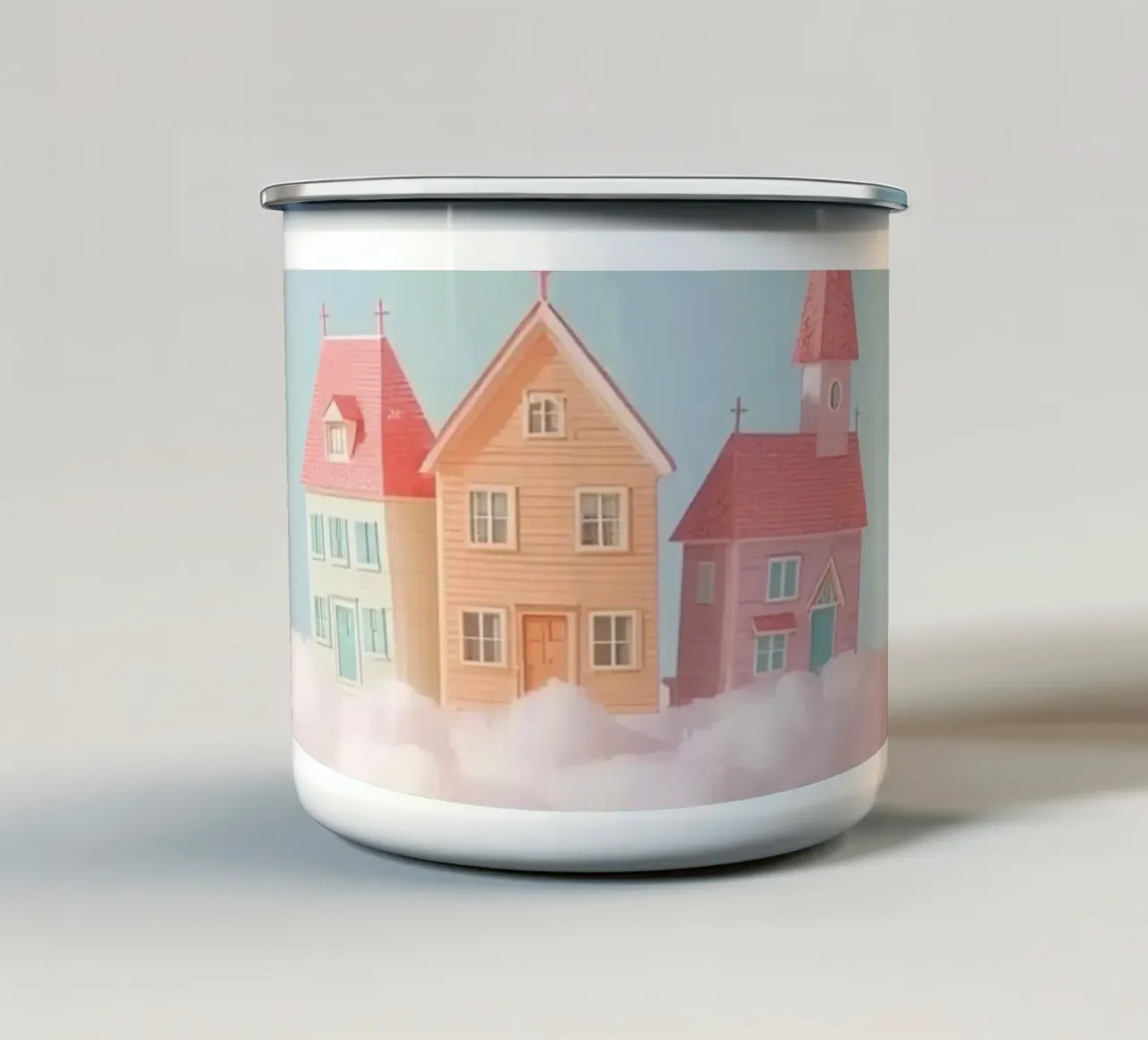 Un simpatico villaggio galleggiante sulle nuvole tazza in smalto da DesignDoodle