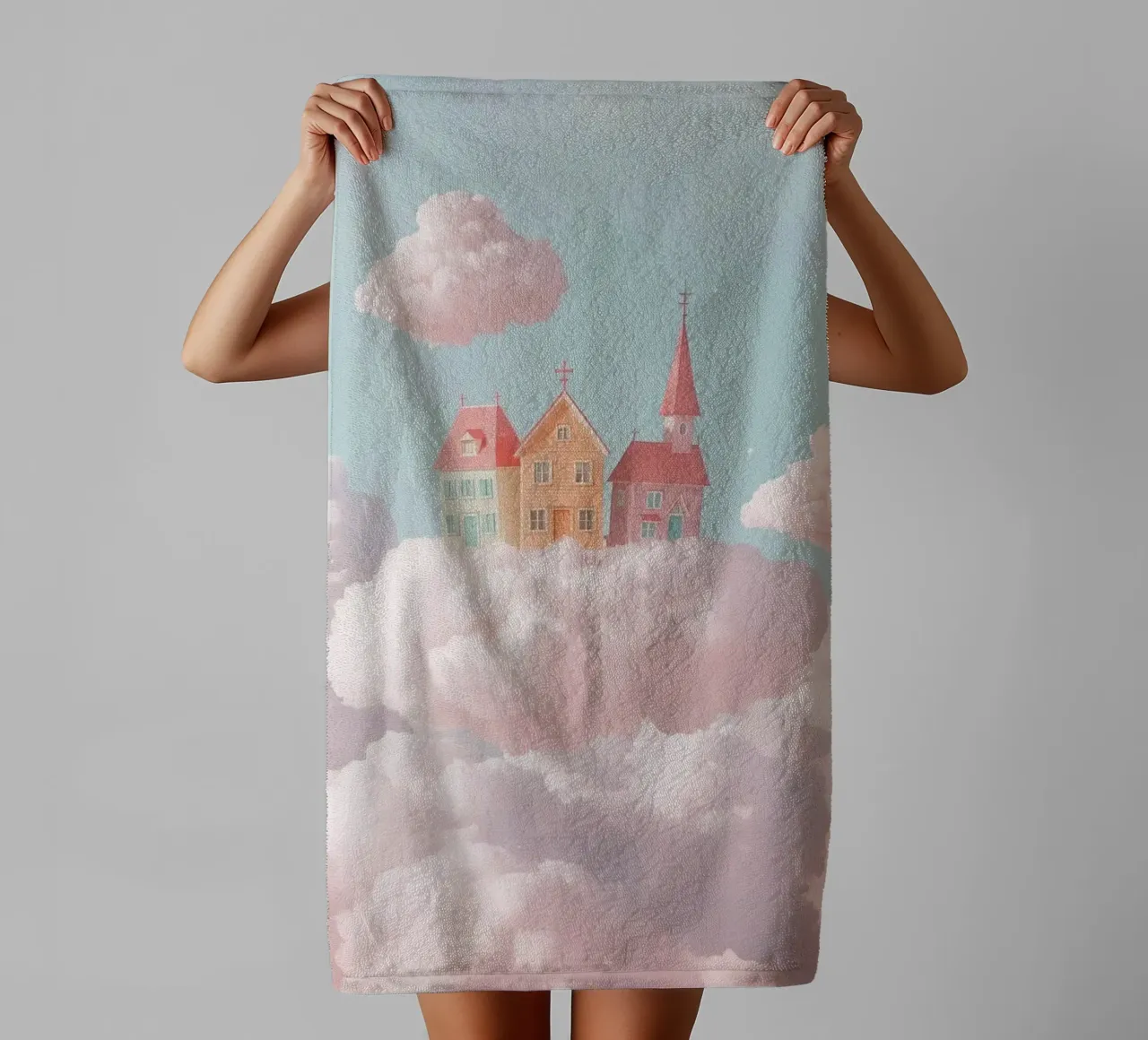 Cute Floating Village on Clouds towel by DesignDoodle