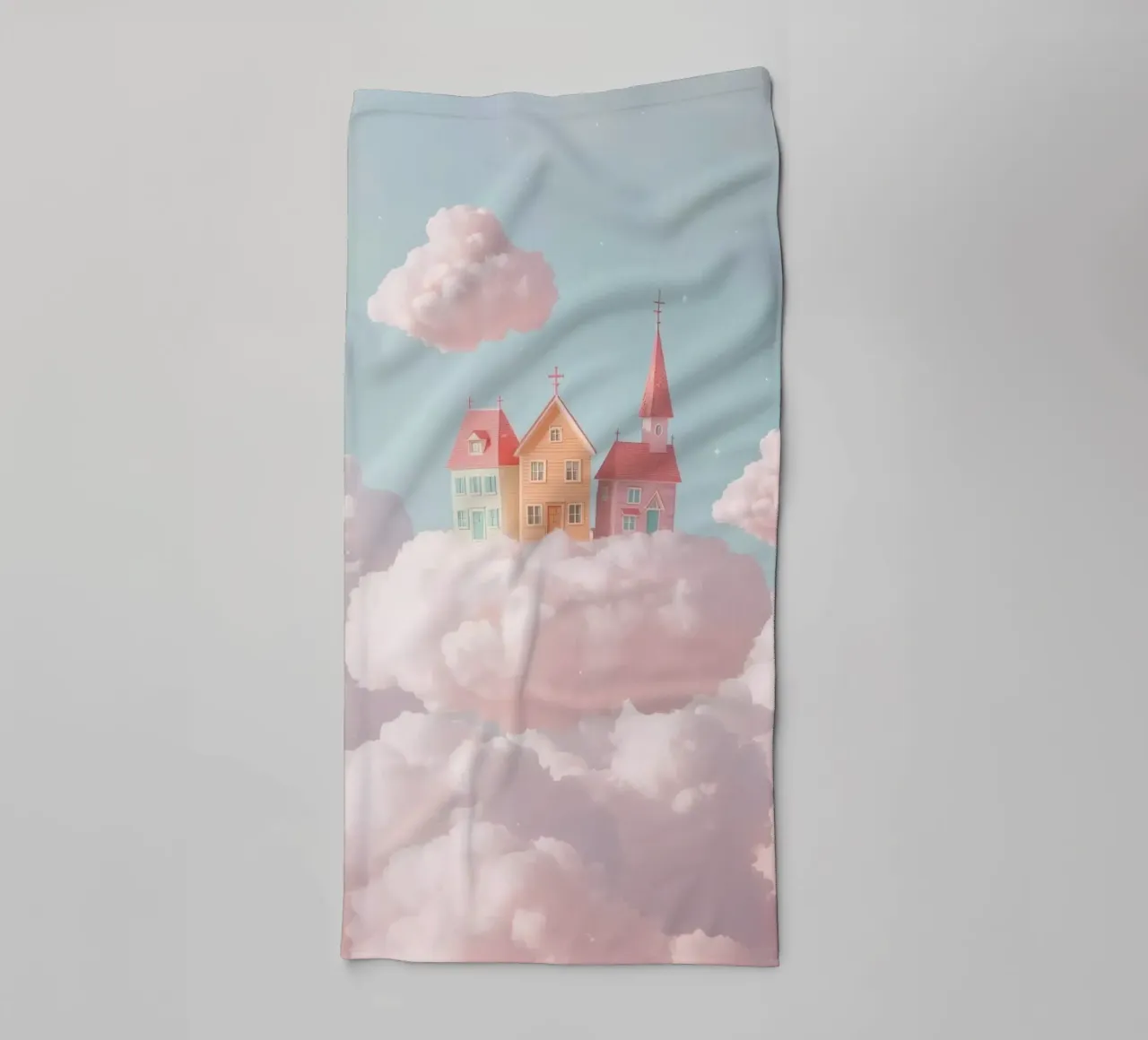 Cute Floating Village on Clouds towel by DesignDoodle
