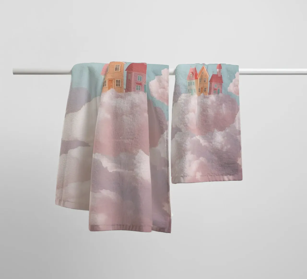 Cute Floating Village on Clouds towel by DesignDoodle