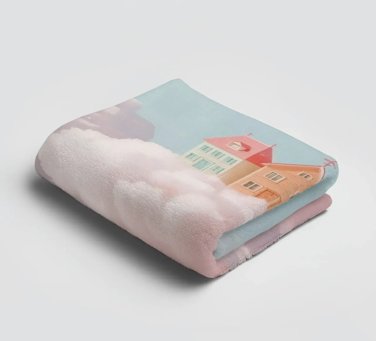 Cute Floating Village on Clouds towel by DesignDoodle