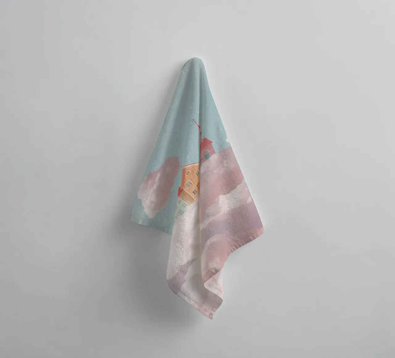 Cute Floating Village on Clouds towel by DesignDoodle