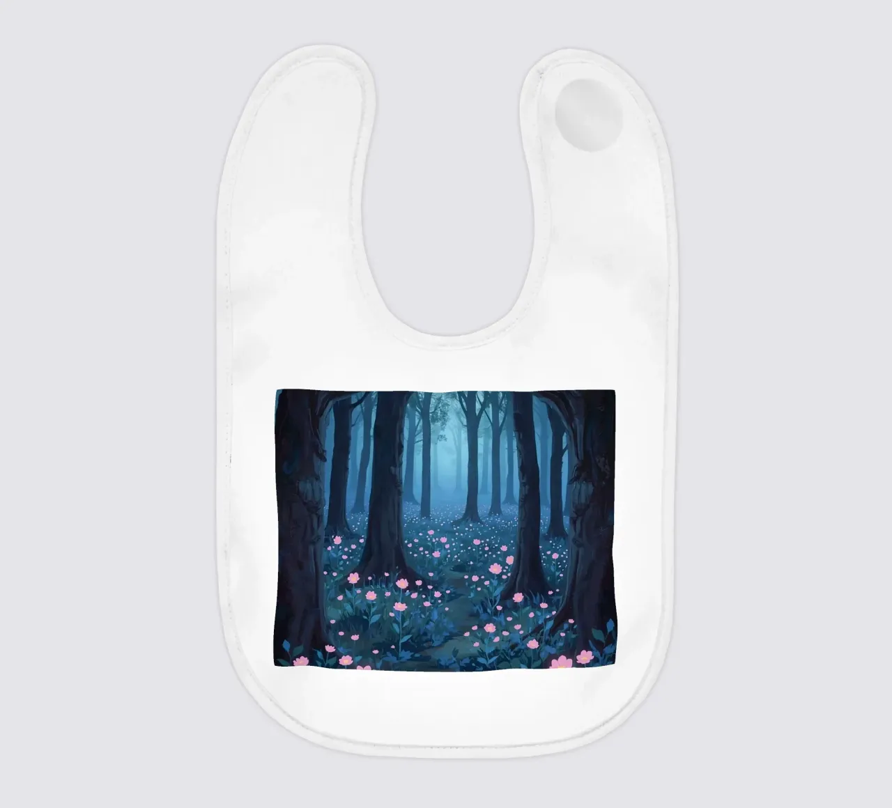 Sentiero forestale con fiori rosa e alberi scuri bavaglino da DesignDoodle