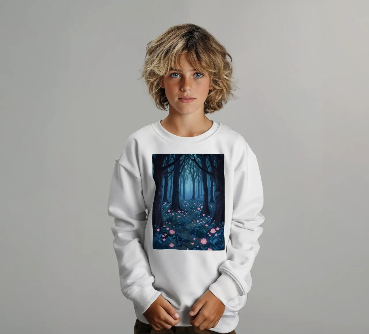 Sentiero forestale con fiori rosa e alberi scuri felpa bambino da DesignDoodle