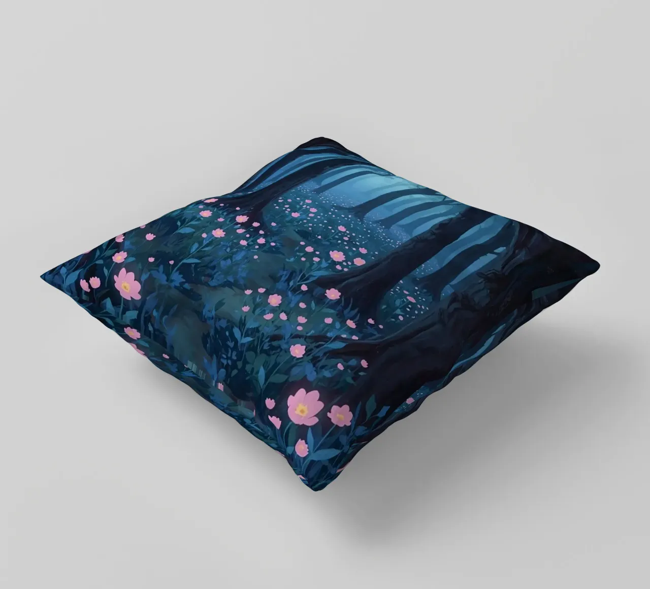 Sentiero forestale con fiori rosa e alberi scuri cuscino da DesignDoodle
