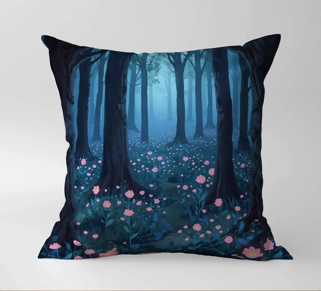 Sentiero forestale con fiori rosa e alberi scuri cuscino da DesignDoodle