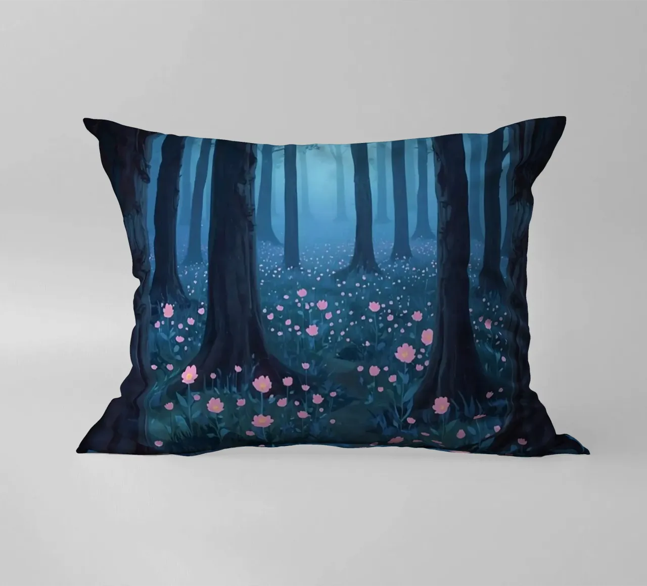 Sentiero forestale con fiori rosa e alberi scuri cuscino da DesignDoodle