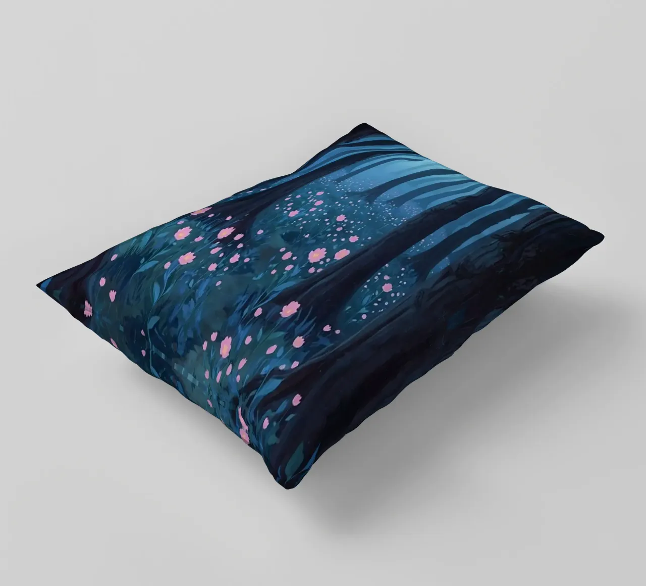 Sentiero forestale con fiori rosa e alberi scuri cuscino da DesignDoodle