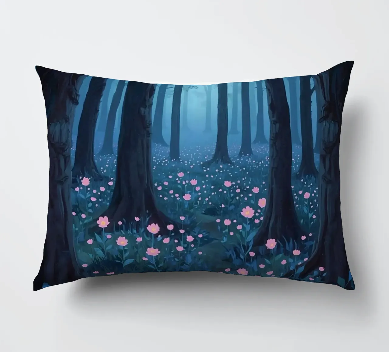 Sentiero forestale con fiori rosa e alberi scuri cuscino da DesignDoodle