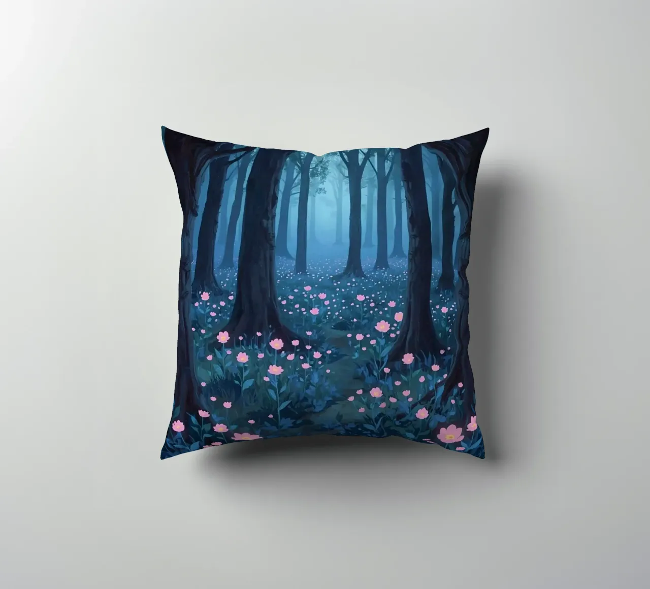 Sentiero forestale con fiori rosa e alberi scuri cuscino da DesignDoodle