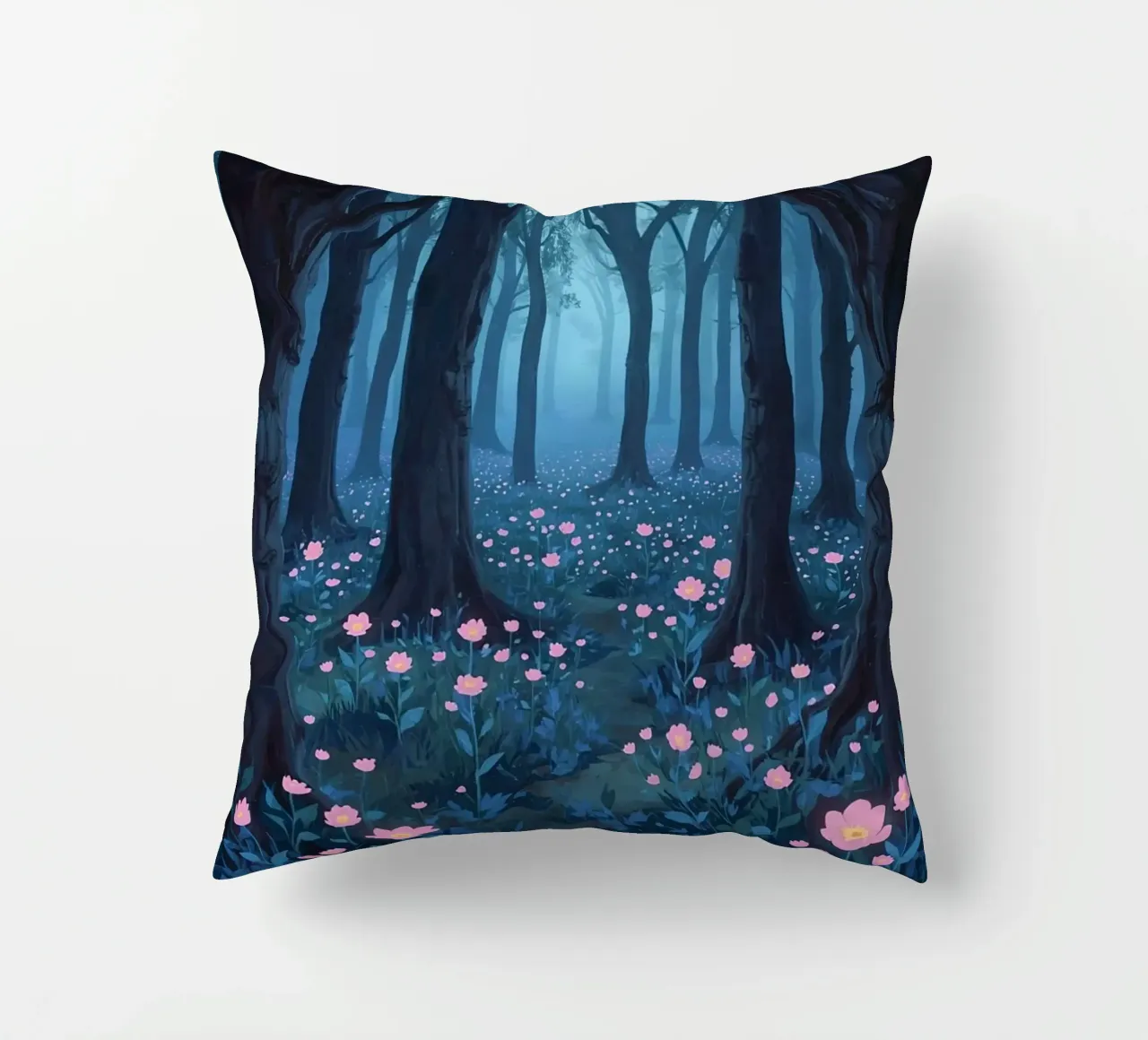 Sentiero forestale con fiori rosa e alberi scuri cuscino da DesignDoodle