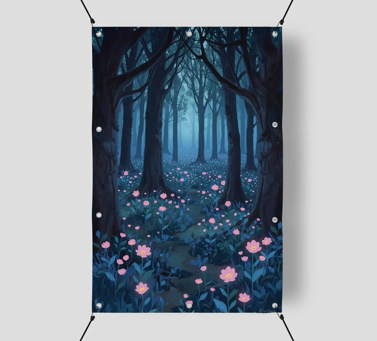 Sentiero forestale con fiori rosa e alberi scuri telo in pvc da DesignDoodle