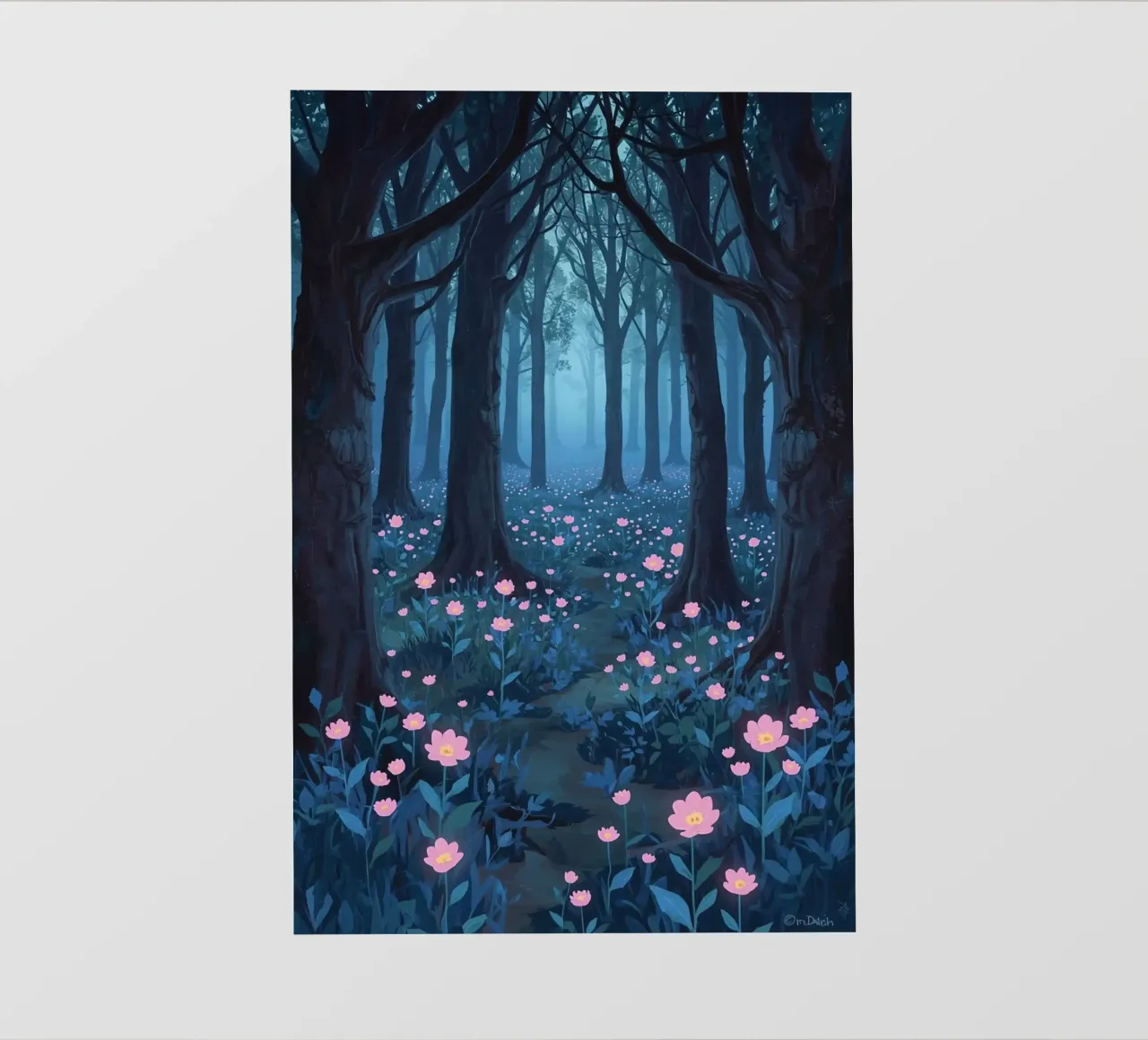 Sentiero forestale con fiori rosa e alberi scuri telo in pvc da DesignDoodle