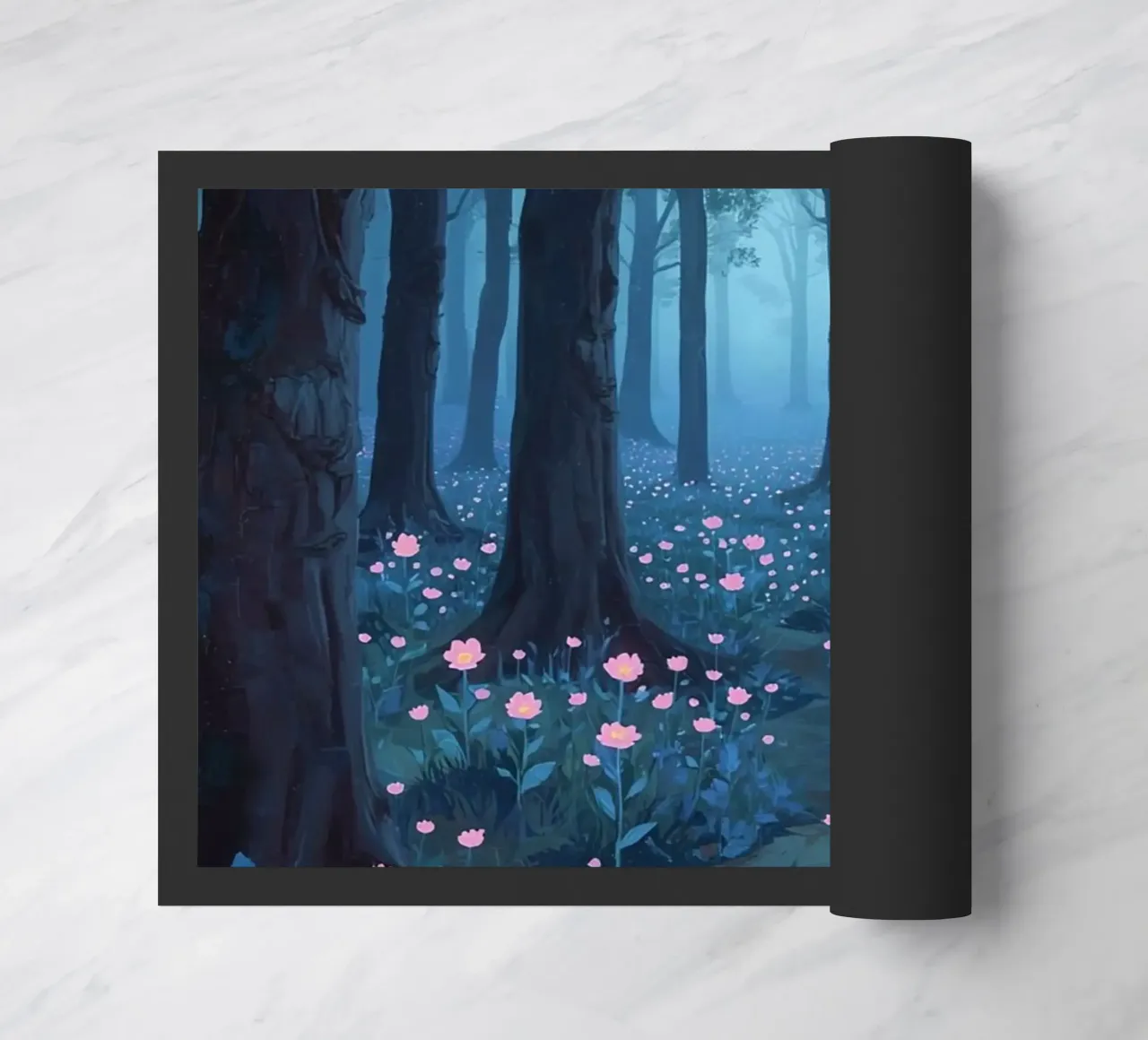 Sentiero forestale con fiori rosa e alberi scuri zerbino da DesignDoodle