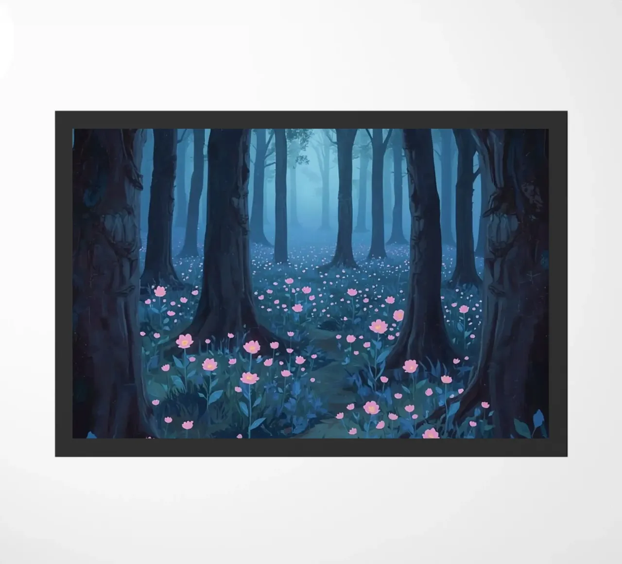 Sentiero forestale con fiori rosa e alberi scuri zerbino da DesignDoodle