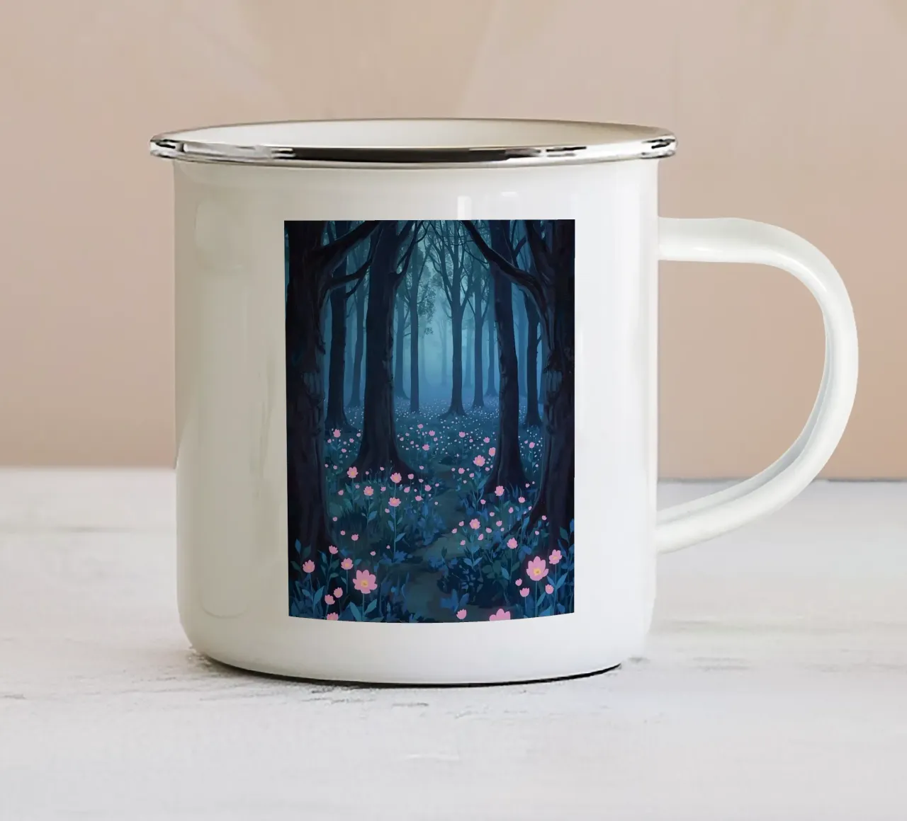 Sentiero forestale con fiori rosa e alberi scuri tazza in smalto da DesignDoodle